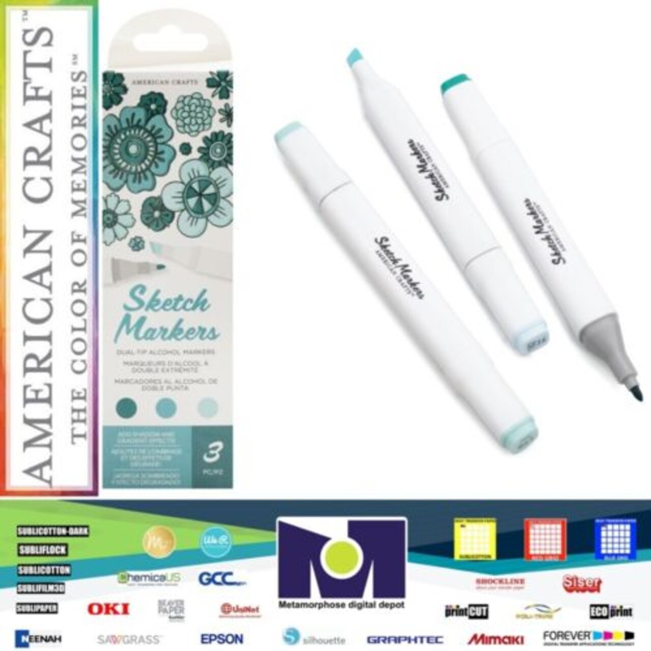 American Crafts Sketch Markers Collection Dual Tip Chisel & Fine Point 3 pck Peacock 34007539